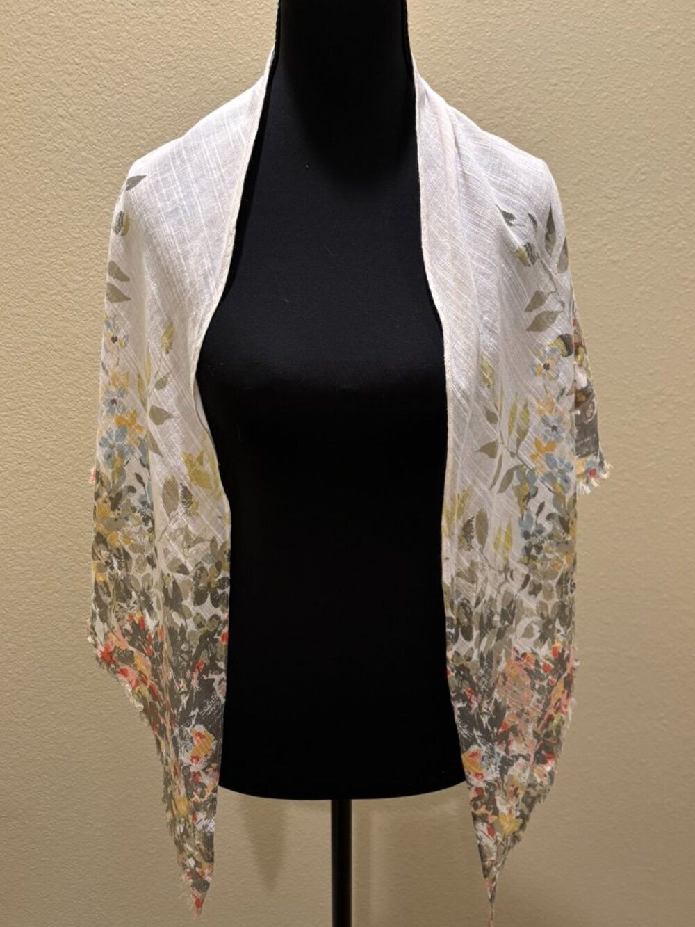 J.Jill Pure Jill Floral Triangle Cotton Scarf Wrap Cream Yellow Green Red